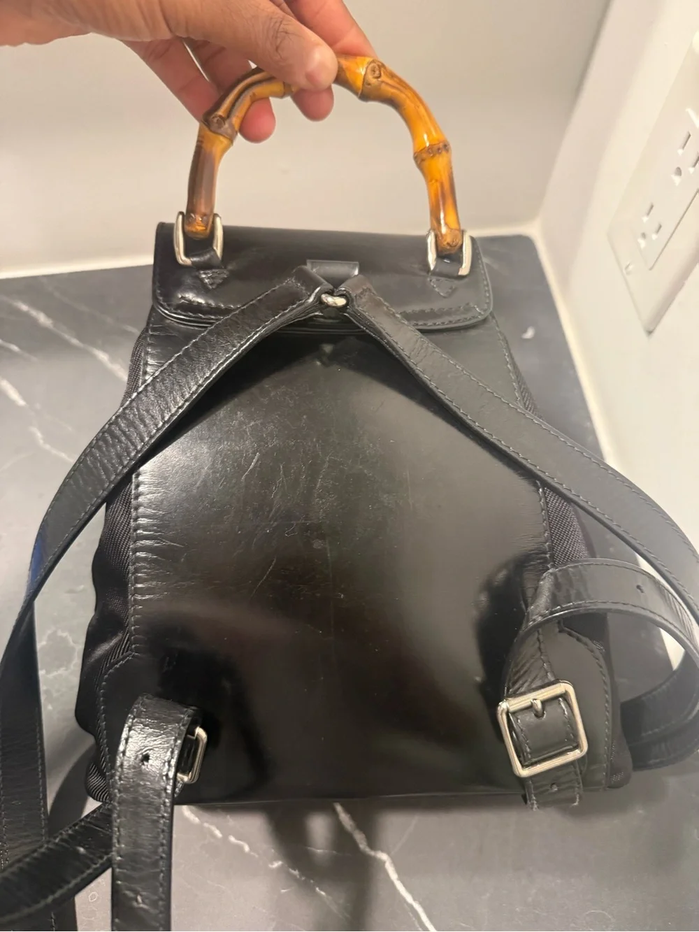 Mini Gucci Black Leather bamboo backpack with Drawstring